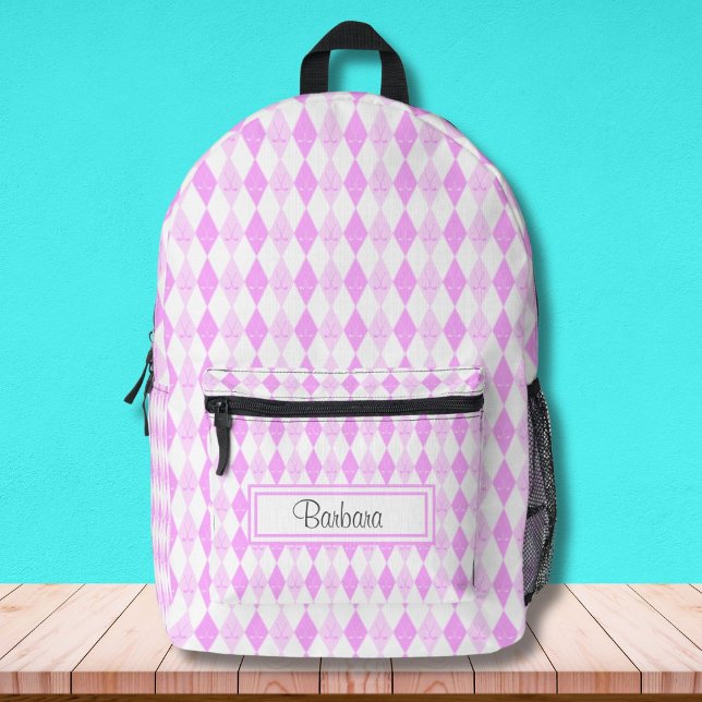 Pink Golf Themed Argyle Pattern Personalised  Printed Backpack (Creator Uploaded)