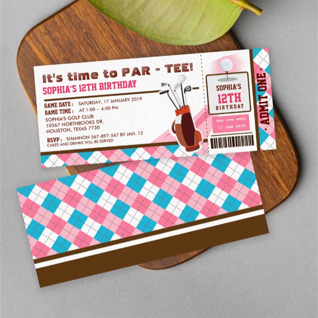 Pink Golf Ticket Pass Birthday Party Invitation (Creator Uploaded)