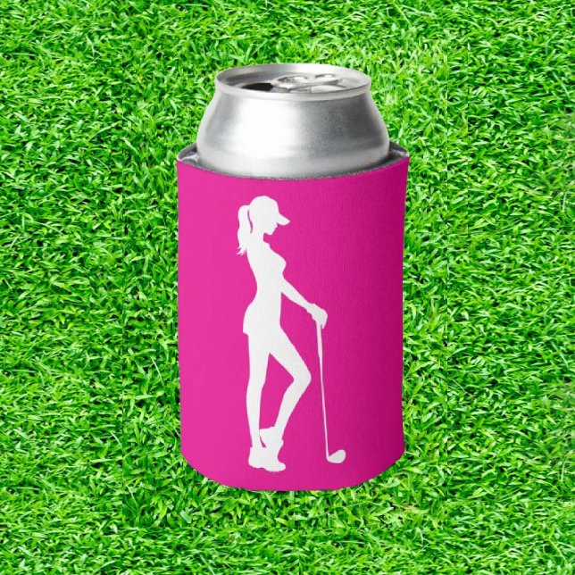 Pink Golfing Birthday Lady Surprise Can Cooler (Grace Meets Golf: Swinging Into Elegance!)