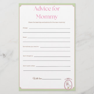 Pink Goose Baby Shower Advice for Mummy Game Card