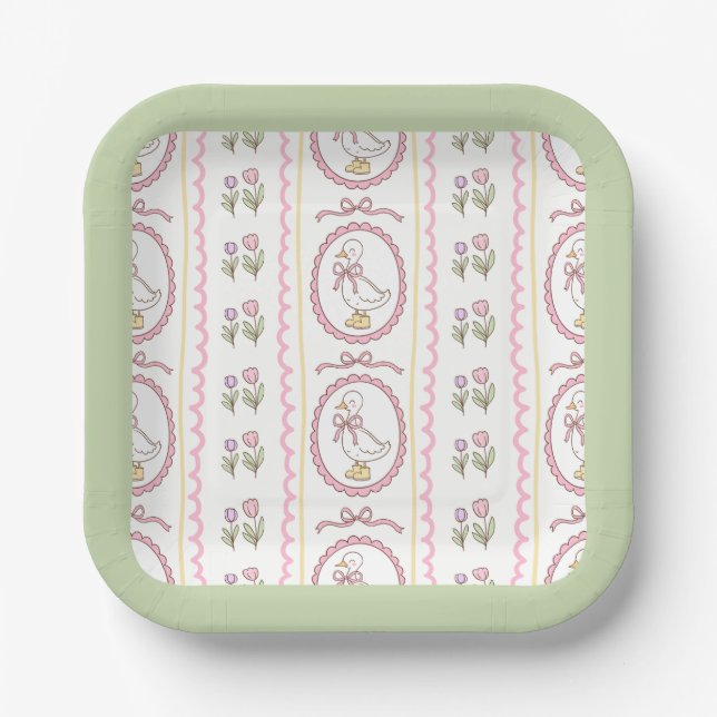 Pink Goose Baby Shower Square Plate (Front)