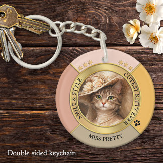 Pink Gorgeous Chic Cat Photo  Key Ring