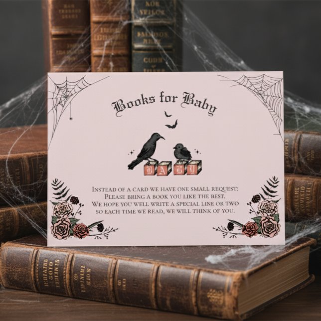 Pink Gothic Baby Shower Baby Raven Books for Baby Enclosure Card (Cute Floral Gothic Halloween Baby Shower Books for Baby Pink Enclosure Card. Black Raven & Baby Bird)
