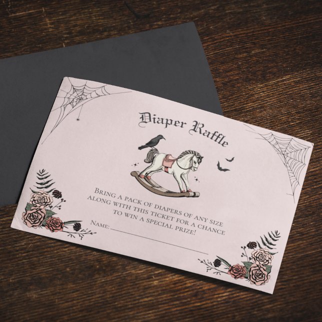 Pink Gothic Baby Shower Diaper Raffle Enclosure Card (Blush Pink Gothic Girl Baby Shower Diaper Raffle Enclosure Card. Vintage Rocking Horse & Pink Roses)