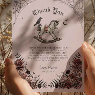 Pink Gothic Floral Rocking Horse Baby Shower Thank You Card
