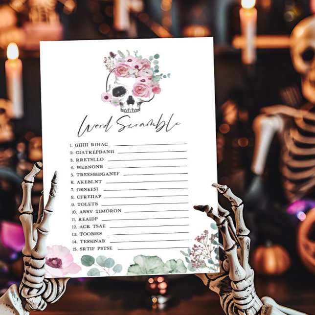 Pink Gothic Floral Skull Word Scramble Game (Floral Skull Baby Shower Word Scramble Game)