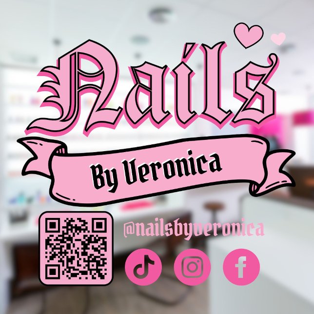 Pink Gothic Lettering Nails Salon QR Code  (Pink Gothic Lettering Nails Salon QR Code Window Cling)
