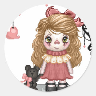 Pink Gothic Love Doll Pixel Art Classic Round Sticker