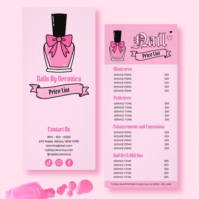 Pink Gothic Nail Technician Price List Menu Card (Pink Gothic Nail Technician Price List Menu Card)