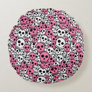 Pink Gothic Skull Pattern Print Round Cushion