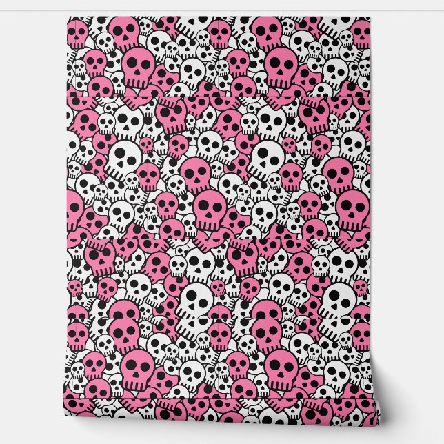 Pink Gothic Skull Pattern Print Wallpaper (Unrolling)