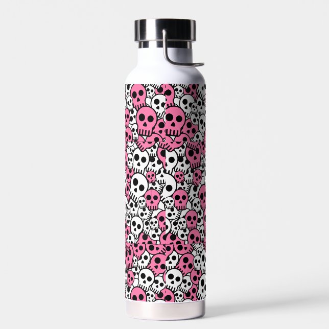 Pink Gothic Skull Pattern Print Water Bottle (Left)