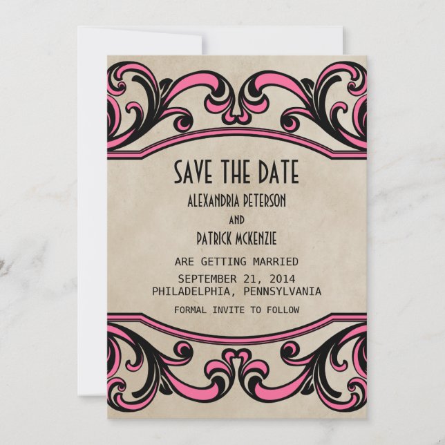 Pink Gothic Swirls Save the Date Invite (Front)