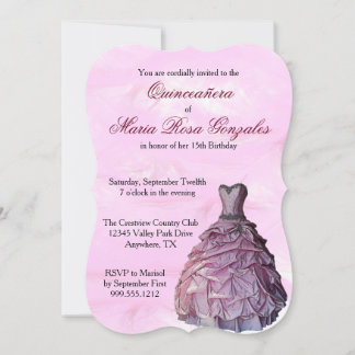 Pink Gown and Feathers Quinceañera Invitations