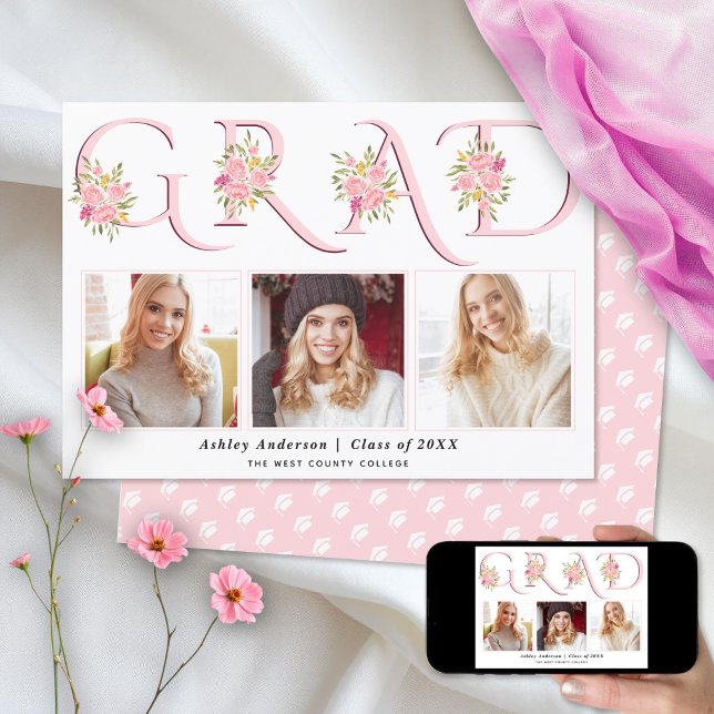 Pink GRAD typography pink roses photo graduation Announcement (Creator Uploaded)