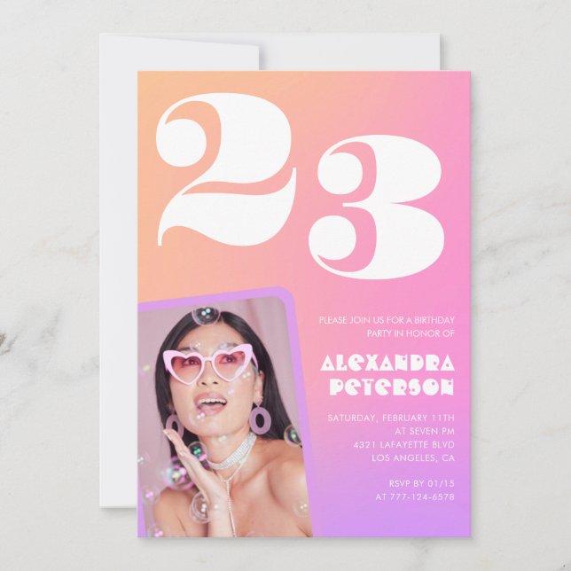 Pink Gradient 23rd birthday invitation Retro Photo (Front)