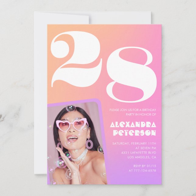 Pink Gradient 28th birthday invitation Retro Photo (Front)