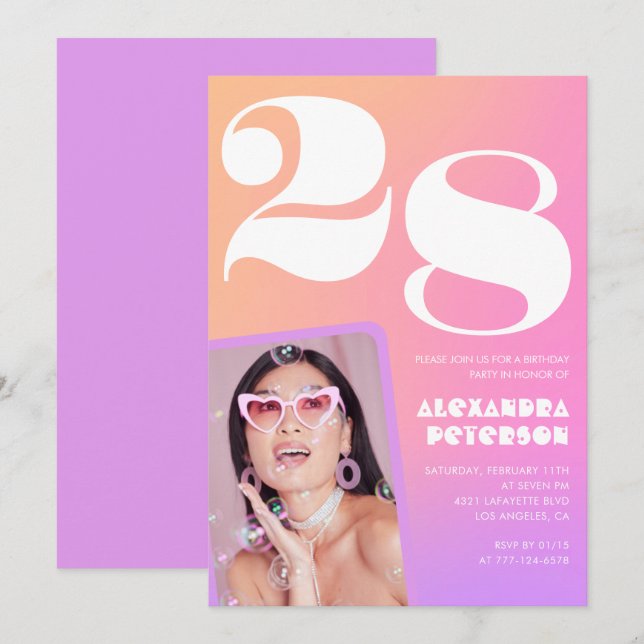 Pink Gradient 28th birthday invitation Retro Photo (Front/Back)