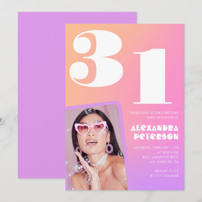 Pink Gradient 31st birthday invitation Retro Photo (Front/Back)