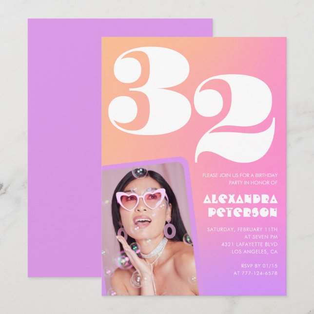Pink Gradient 32nd birthday invitation Retro Photo (Front/Back)