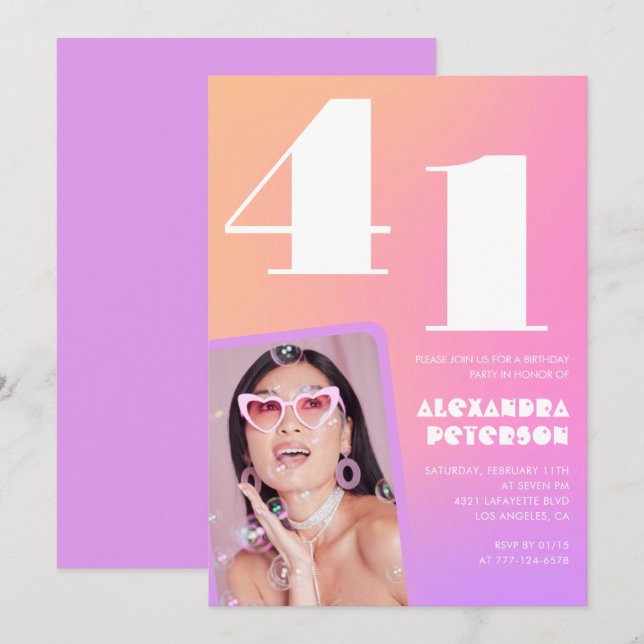 Pink Gradient 41st birthday invitation Retro Photo (Front/Back)