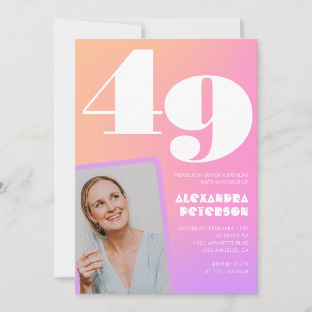 Pink Gradient 49th birthday invitation Retro Photo (Front)