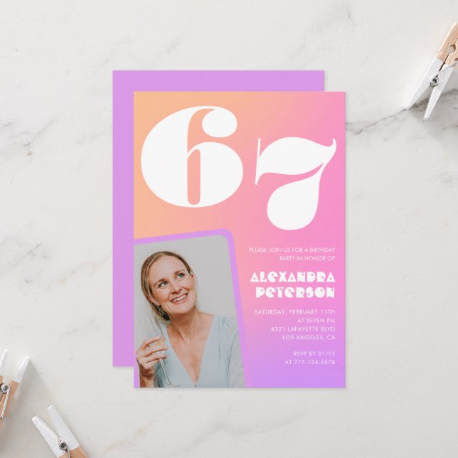 Pink Gradient 67th birthday invitation Retro Photo (Front/Back In Situ)
