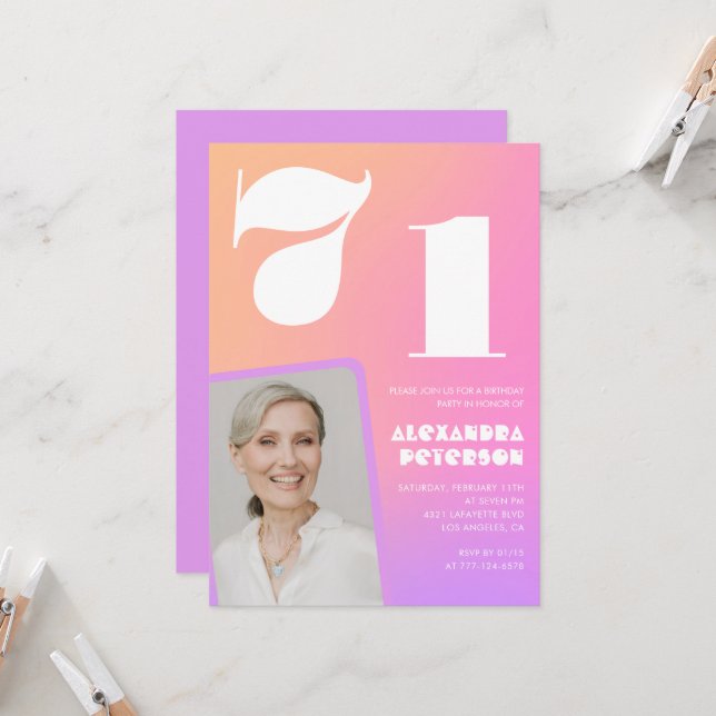 Pink Gradient 71st birthday invitation Retro Photo (Front/Back In Situ)