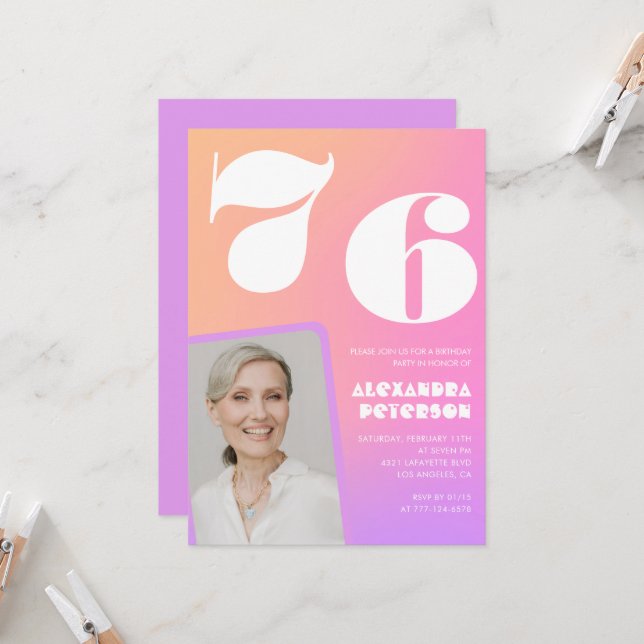 Pink Gradient 76th birthday invitation Retro Photo (Front/Back In Situ)