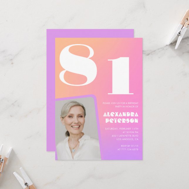 Pink Gradient 81st birthday invitation Retro Photo (Front/Back In Situ)
