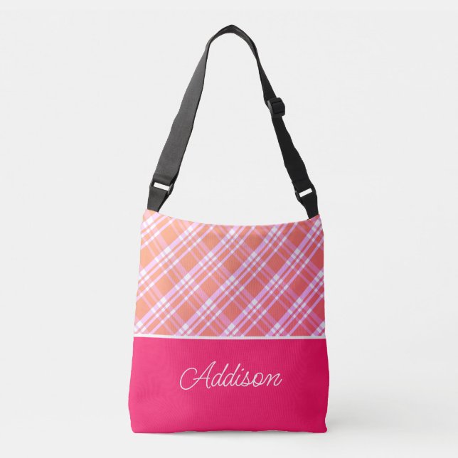 Pink Gradient Big Plaid And Stripe Crossbody Bag (Front)