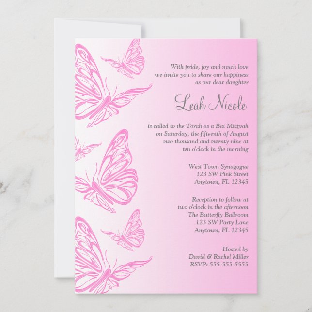 Pink Gradient Butterfly Bat Mitzvah Invitations (Front)