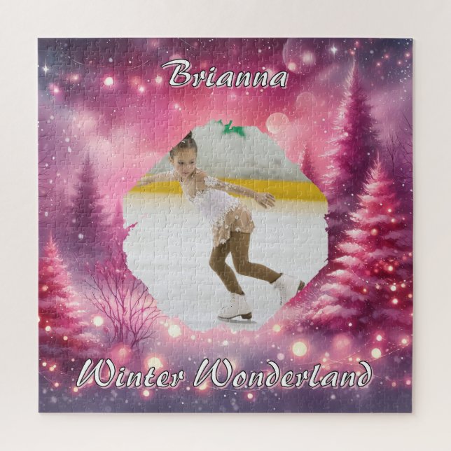 Pink Gradient Christmas Photo and Name Winter Jigsaw Puzzle (Vertical)