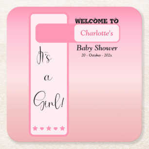 Pink Gradient Cute Eyeball Text Baby Shower Square Paper Coaster