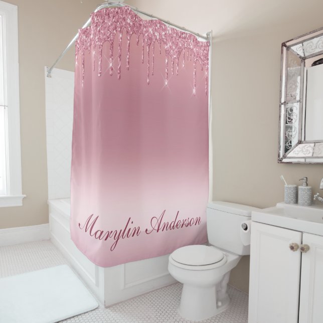PINK GRADIENT GLITTER DRIP CUSTOM NAME MONOGRAM SHOWER CURTAIN (In Situ)