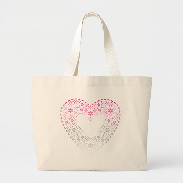 Pink Gradient Lace Heart Large Tote Bag (Front)