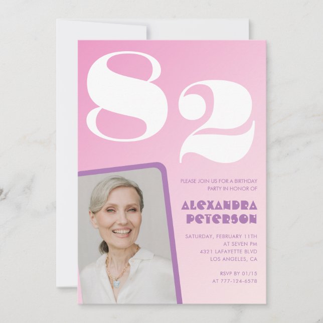 Pink Gradient Photo 82nd birthday Invitation (Front)