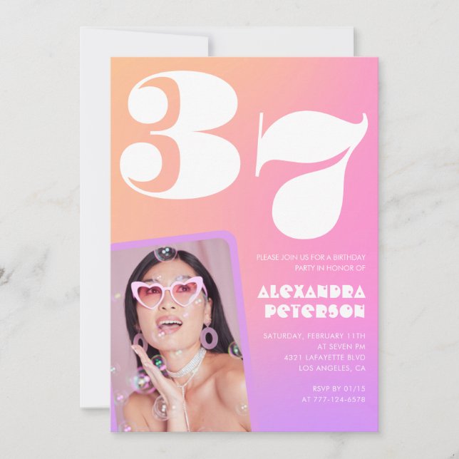 Pink Gradient Retro Photo 37th birthday Invitation (Front)