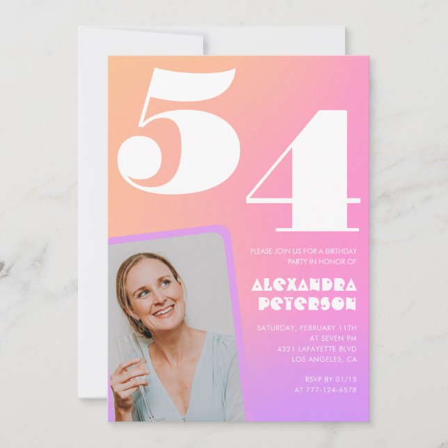 Pink Gradient Retro Photo 54th birthday Invitation (Front)
