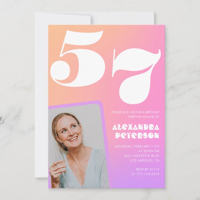 Pink Gradient Retro Photo 57th birthday Invitation (Front)