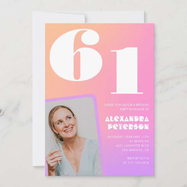 Pink Gradient Retro Photo 61st birthday Invitation (Front)