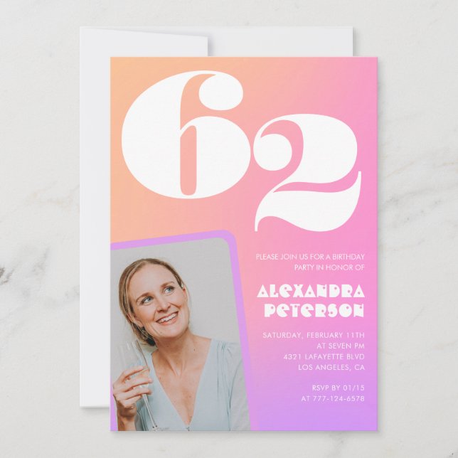 Pink Gradient Retro Photo 62nd birthday Invitation (Front)