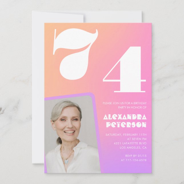 Pink Gradient Retro Photo 74th birthday Invitation (Front)