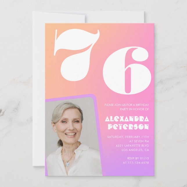 Pink Gradient Retro Photo 76th birthday Invitation (Front)
