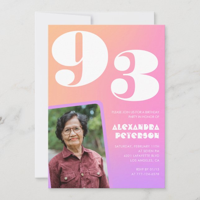 Pink Gradient Retro Photo 93rd birthday Invitation (Front)