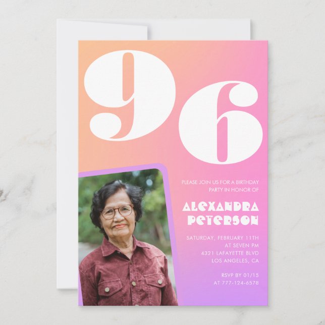Pink Gradient Retro Photo 96th birthday Invitation (Front)