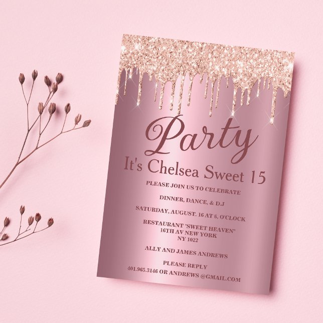 Pink gradient rose gold glitter drips Sweet 15 Invitation (Pink gradient rose gold glitter drips Sweet 15 Invitation )