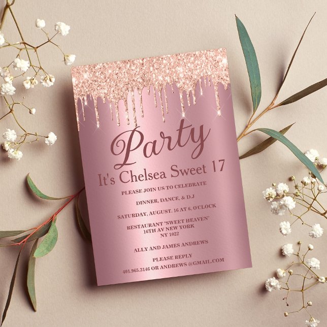 Pink gradient rose gold glitter drips Sweet 17 Invitation (Pink gradient rose gold glitter drips Sweet 17)