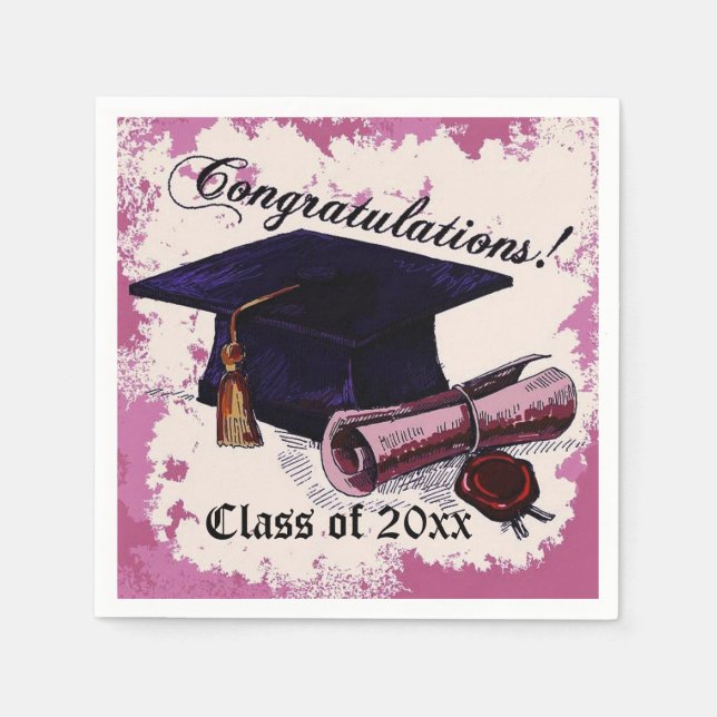 Pink Graduation Cap & Diploma Napkins (Front)