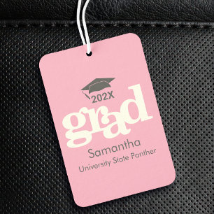 Pink Graduation Cap Modern Bold Grey Typography Car Air Freshener